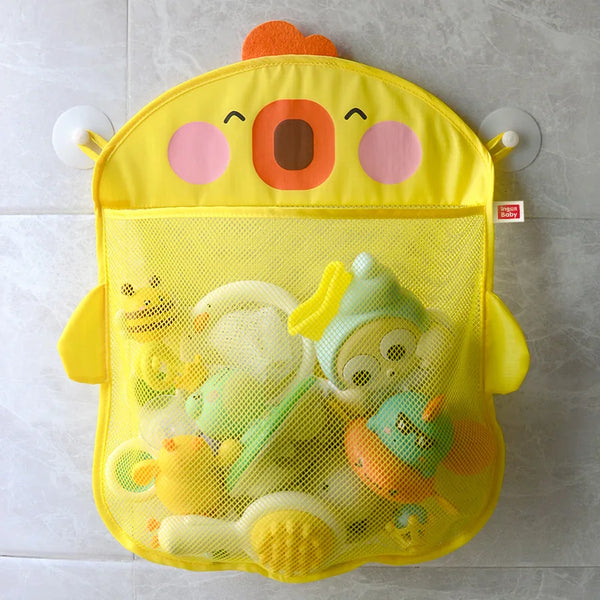 A yellow cartoon duck bath toy filled with various yellow and green bath toys for children.