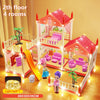 A pink and white miniature castle and villa playset with rooms, furniture, and a slide, illuminated by light belts.