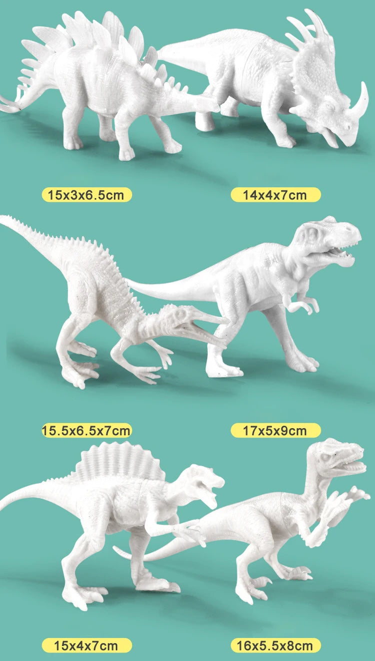 White plastic dinosaur figures in various sizes and poses shown against a teal background.