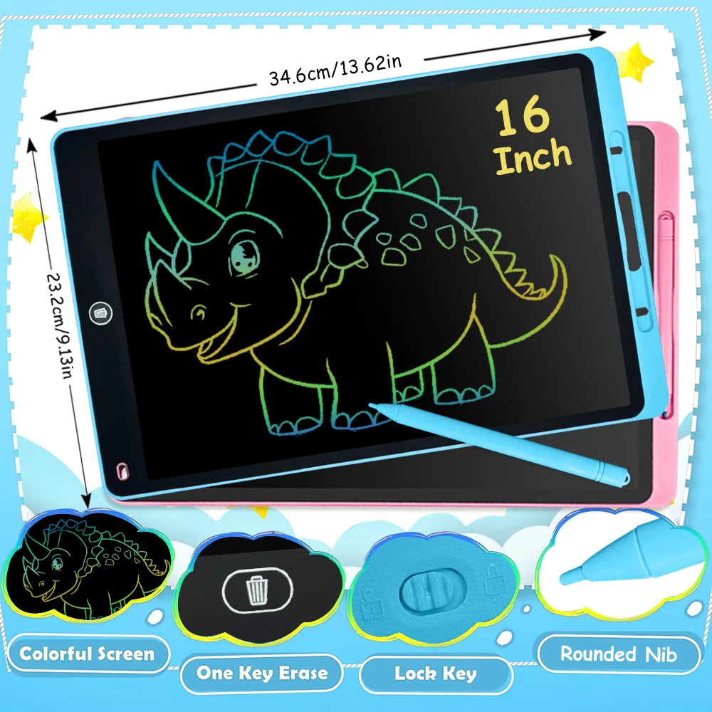A digital LCD writing tablet showing a green dinosaur drawing on a black screen with various key functions visible.