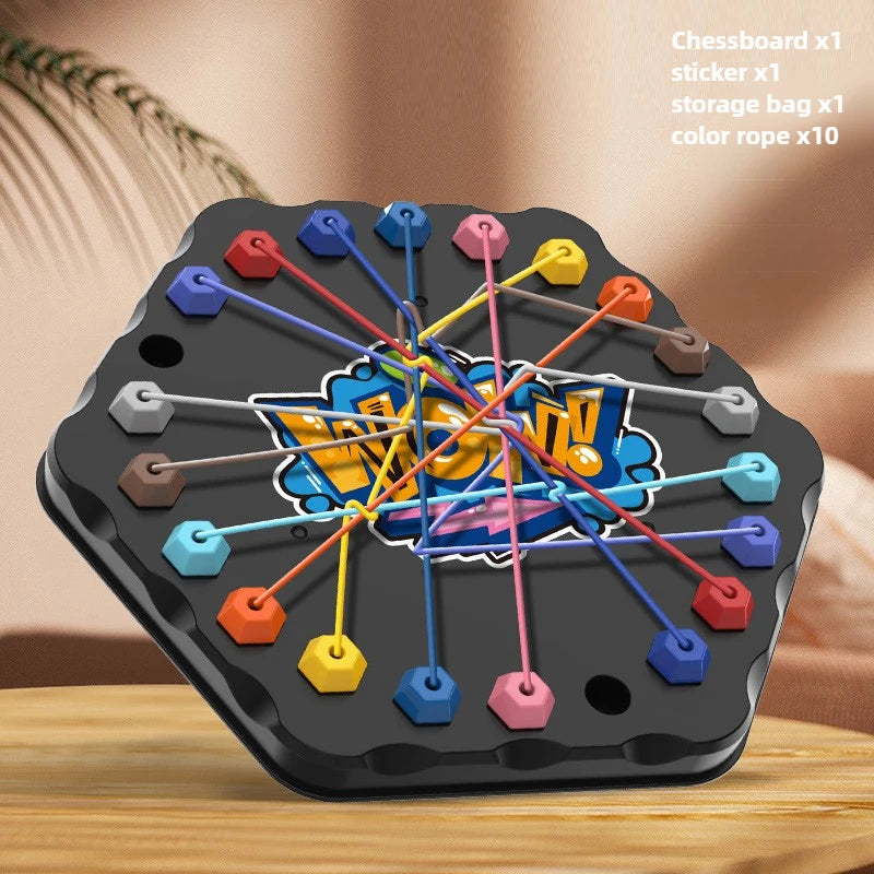 A black chessboard with colored rope pieces and stickers, used for a logic challenge toy.