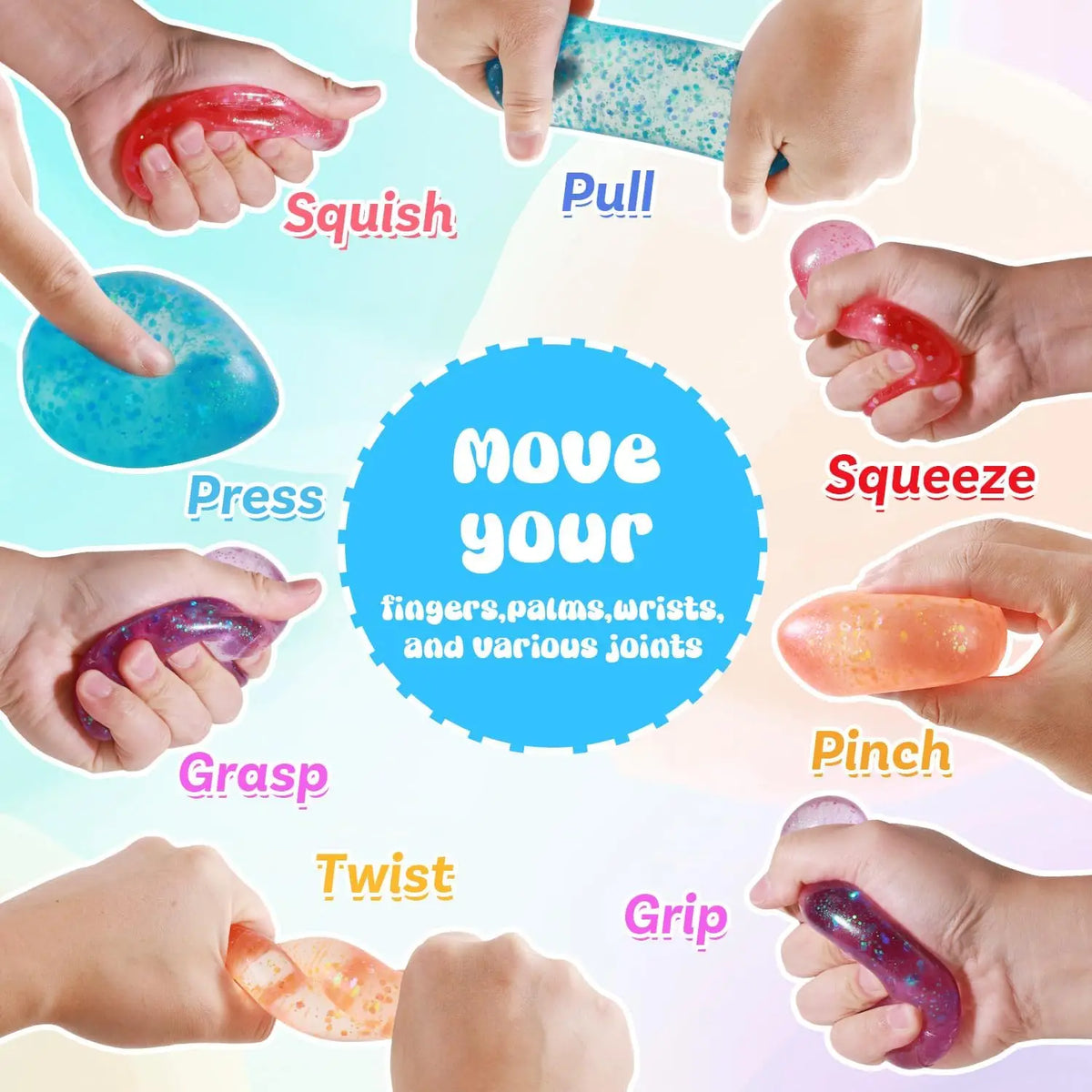 Hands demonstrate various movements like Squish, Pull, Press, Grasp, Twist, Squeeze, Pinch, and Grip with soft silicone squis