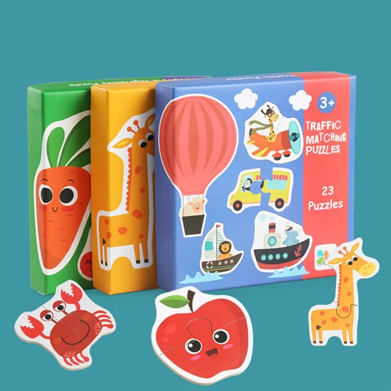 Wooden Jigsaw Matching Puzzle – Animal, Fruit & Traffic Themed Learning Toy for Toddlers