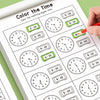 A coloring page workbook showing various analog clock faces with matching digital times for children's math practice.