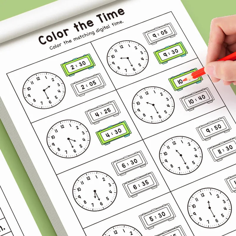 A coloring page workbook showing various analog clock faces with matching digital times for children's math practice.