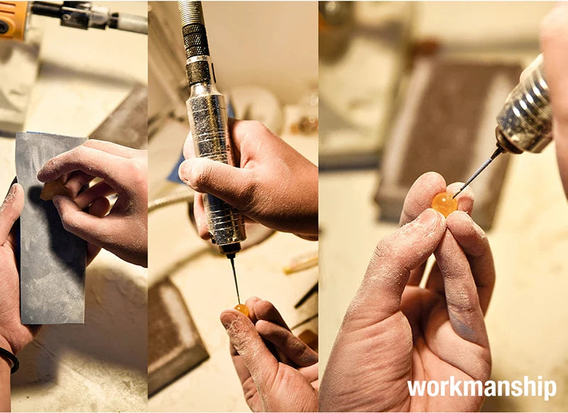 Hands are shown working with natural blue cat eye stone beads for jewelry making.