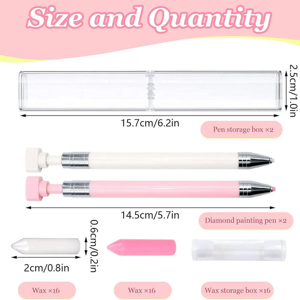 A set of diamond painting pens and wax storage boxes showing various sizes and quantities.