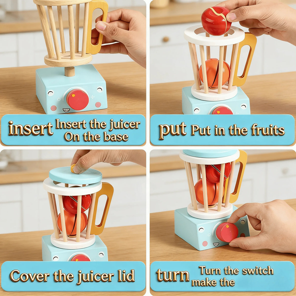 Instructions show how to insert fruits into the wooden juicer base and turn the switch to operate the kitchen play set.