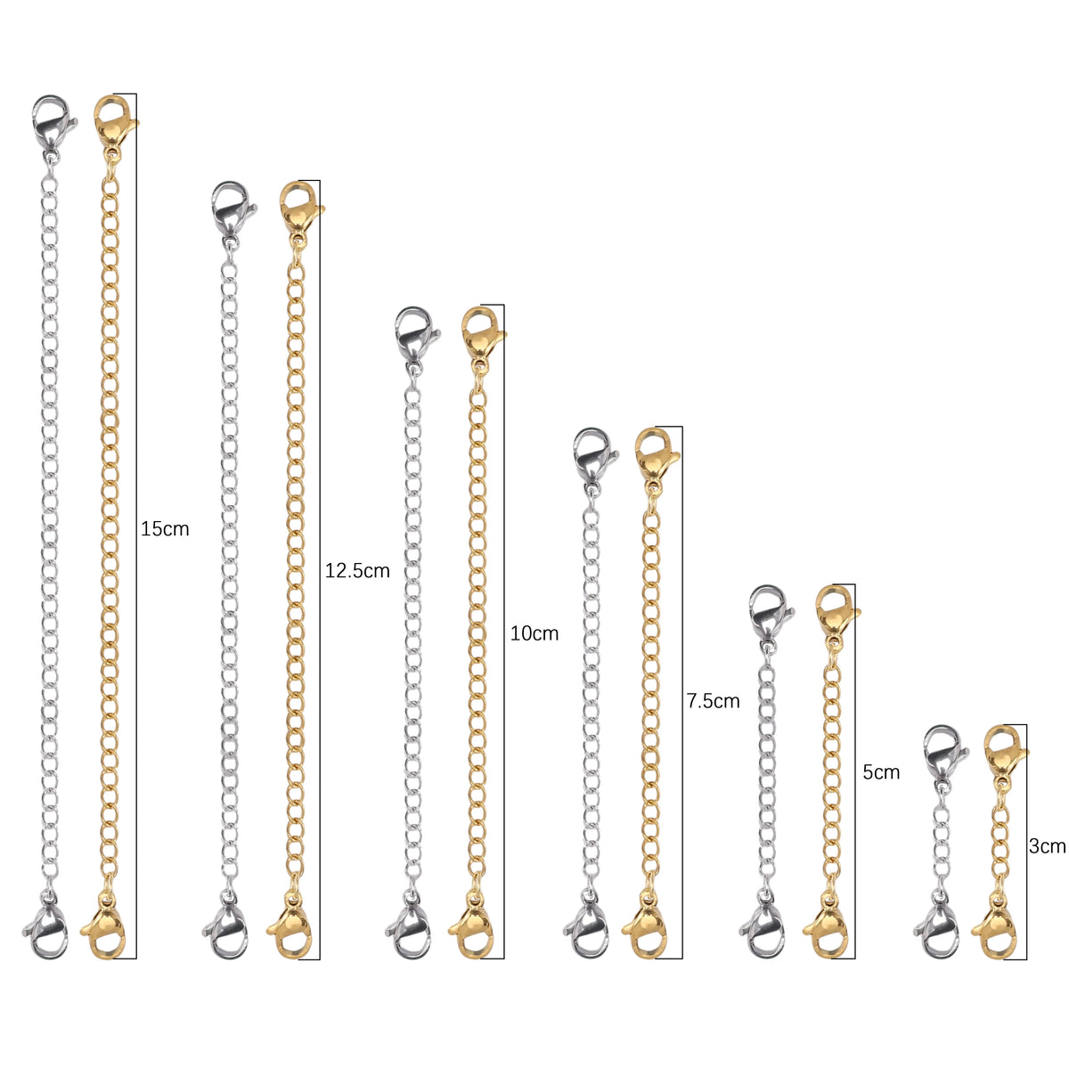 Stainless steel extension chains with lobster clasps for jewelry making shown in various lengths