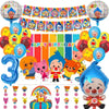 Colorful balloon party decorations featuring circus clowns and balloons for a child's birthday