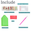 A DIY diamond painting kit including plastic plates, glue, a transparent ziplock bag, and a diamond sticky pen.
