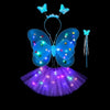 A blue LED butterfly costume set for girls featuring glowing wings, a skirt, and a wand.