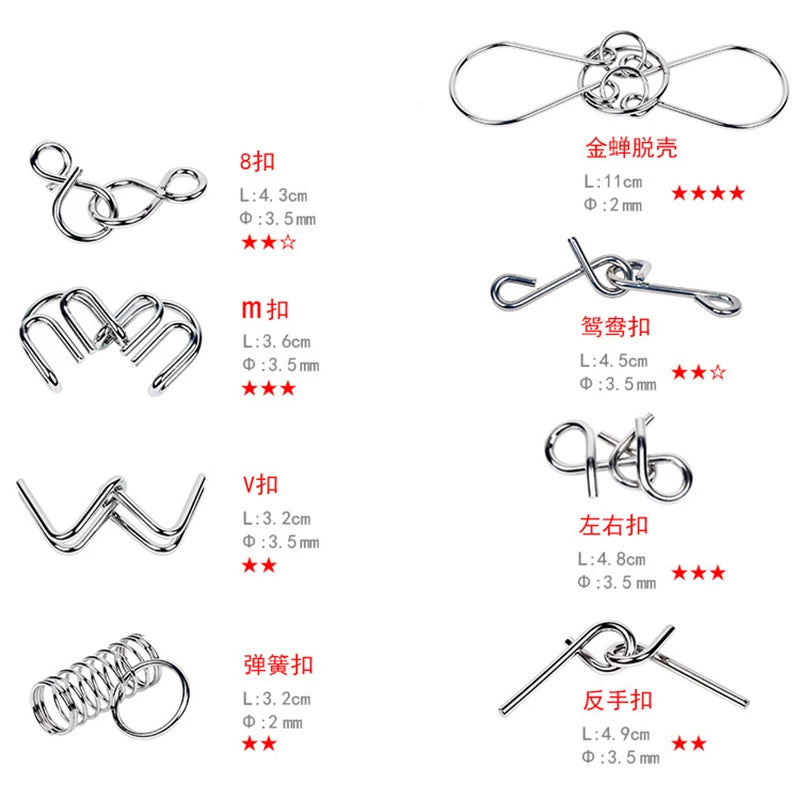 A collection of various metal wire puzzles and brain teasers with different sizes and configurations.