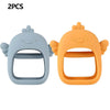 A pair of silicone teethers shaped like hands, one light blue and one orange, for baby teething.