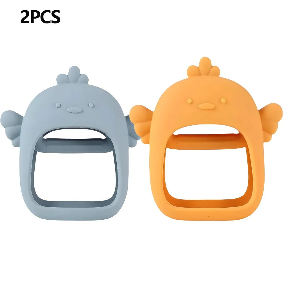 A pair of silicone teethers shaped like hands, one light blue and one orange, for baby teething.