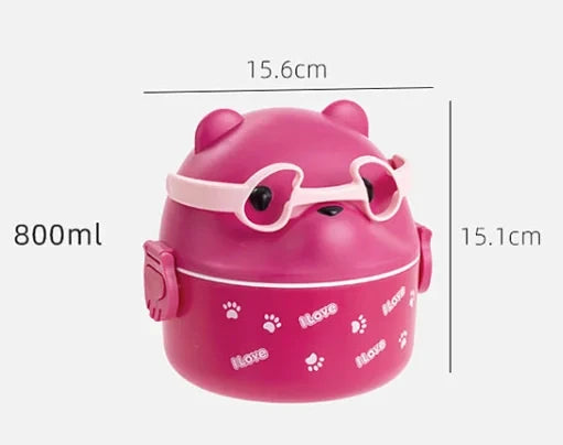 A pink bear-shaped stackable bento lunch box with glasses for kids.