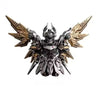 A detailed metal figurine of an Adjudicator with large, winged armor and intricate detailing.