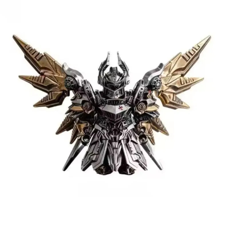 A detailed metal figurine of an Adjudicator with large, winged armor and intricate detailing.