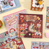 A collection of kawaii embroidery-style stickers in a pink and brown theme, featuring food and seasonal designs.