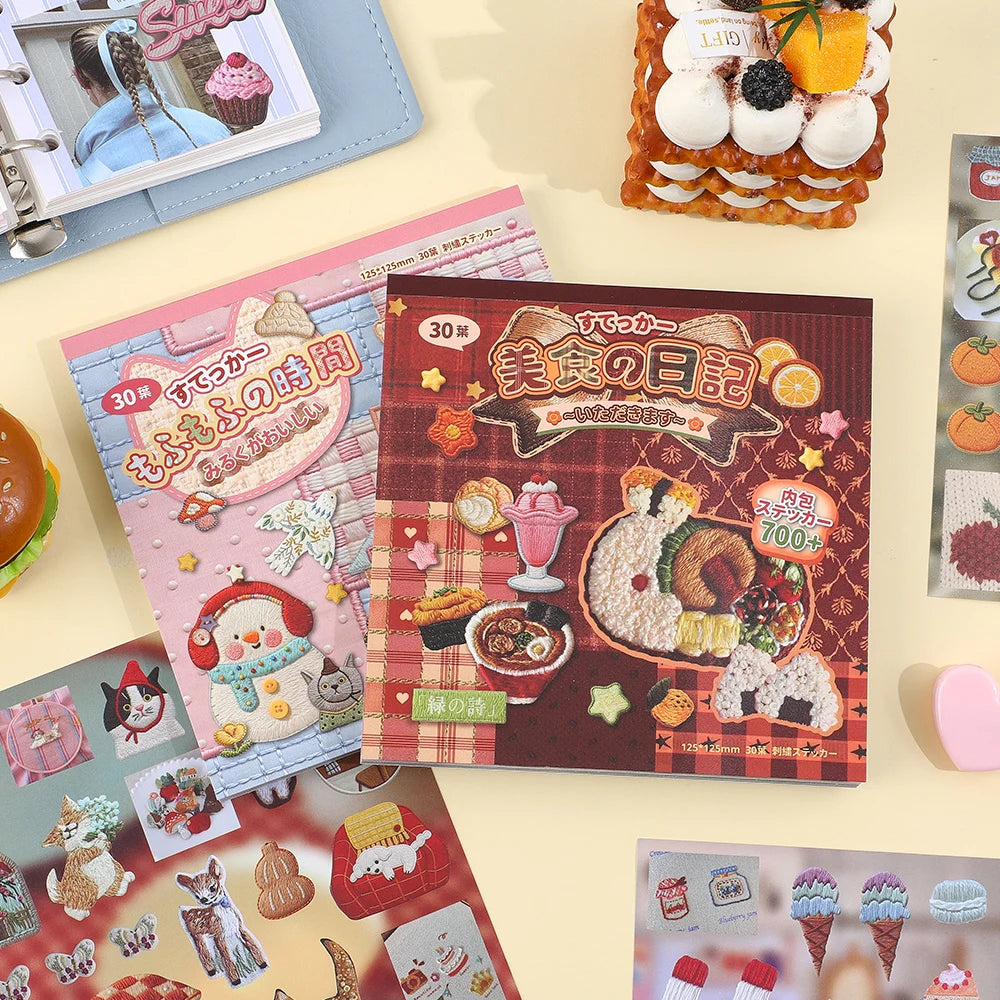 A collection of kawaii embroidery-style stickers in a pink and brown theme, featuring food and seasonal designs.