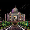 A detailed scratch art depiction of a grand mosque structure at night with minarets and surrounding greenery.