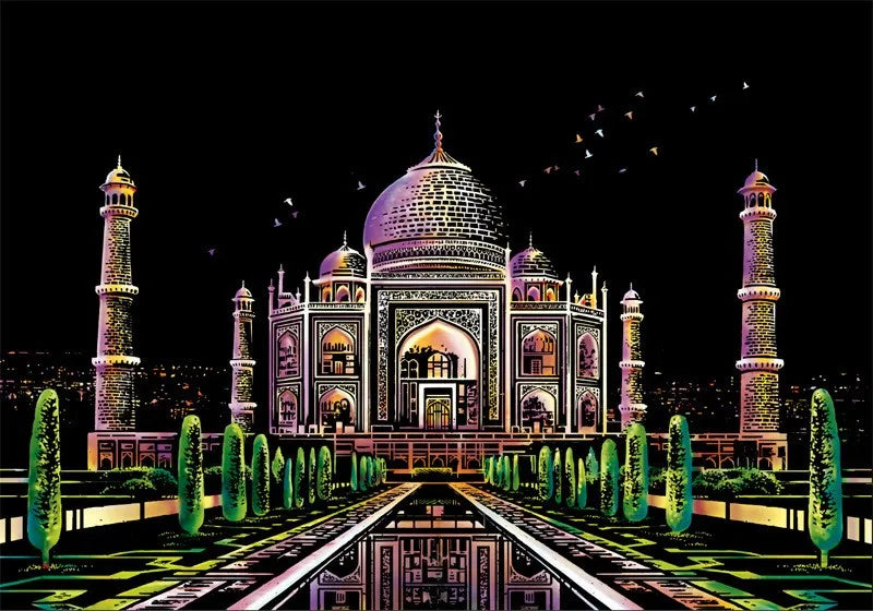 A detailed scratch art depiction of a grand mosque structure at night with minarets and surrounding greenery.