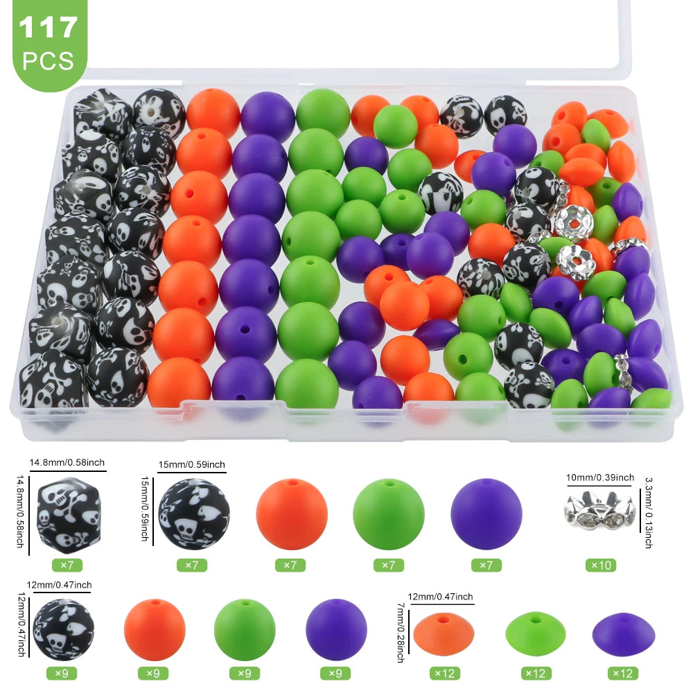 A plastic tray holds 117 mixed beads and rhinestones in various colors like orange, purple, and green for jewelry making