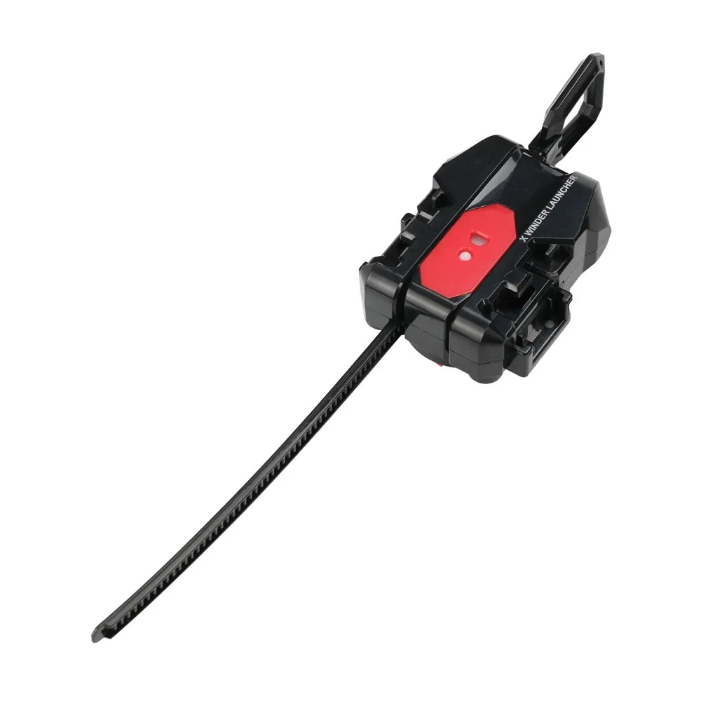 A black gyro launcher accessory with a red trigger mechanism and a long, thin launching rod.