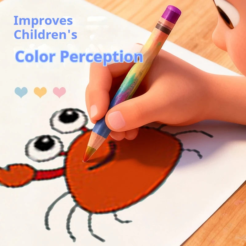 A hand is drawing a dinosaur with a colored pencil on paper, demonstrating how it improves children's color perception.