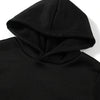 Black pullover hoodie with a hood and a letter print detail.