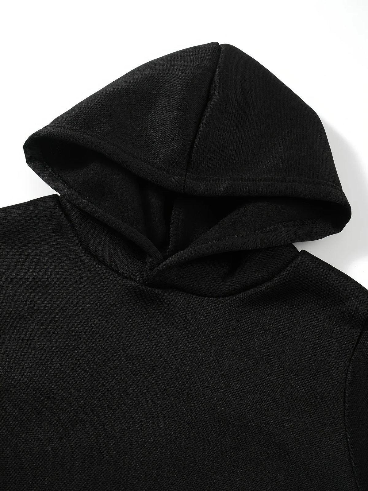 Black pullover hoodie with a hood and a letter print detail.
