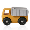 A yellow and gray Montessori silicone toy car set for toddlers.