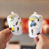 A pair of adorable bear soft sole first walker shoes for babies featuring colorful cartoon vehicles and traffic lights.