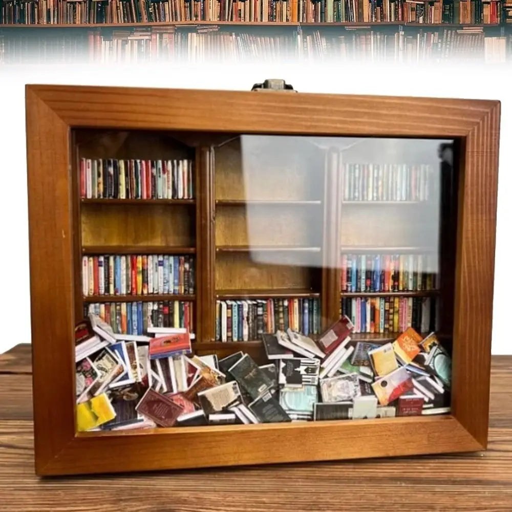 A wooden framed shelf display featuring various books and small fidget items for anxiety relief decor.