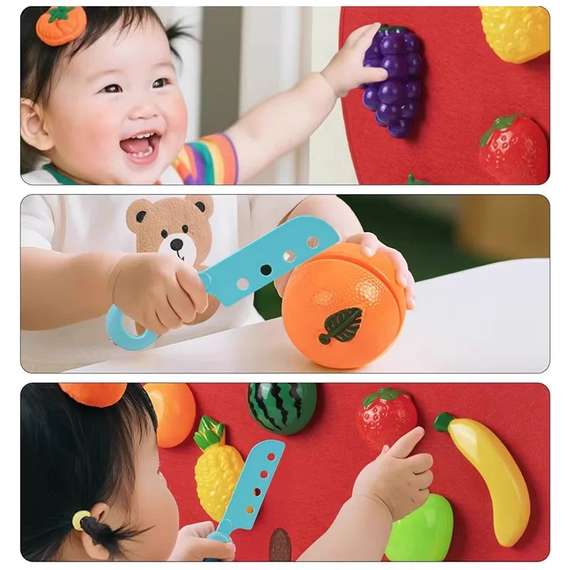 A set of farm felt board pretend play featuring various colorful fruits and vegetables like apples, corn, and squash.