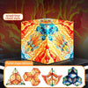 A colorful cube puzzle toy featuring a design of golden birds and floral patterns on a dark background.