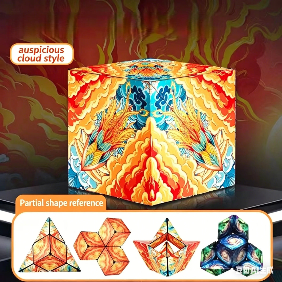 A colorful cube puzzle toy featuring a design of golden birds and floral patterns on a dark background.