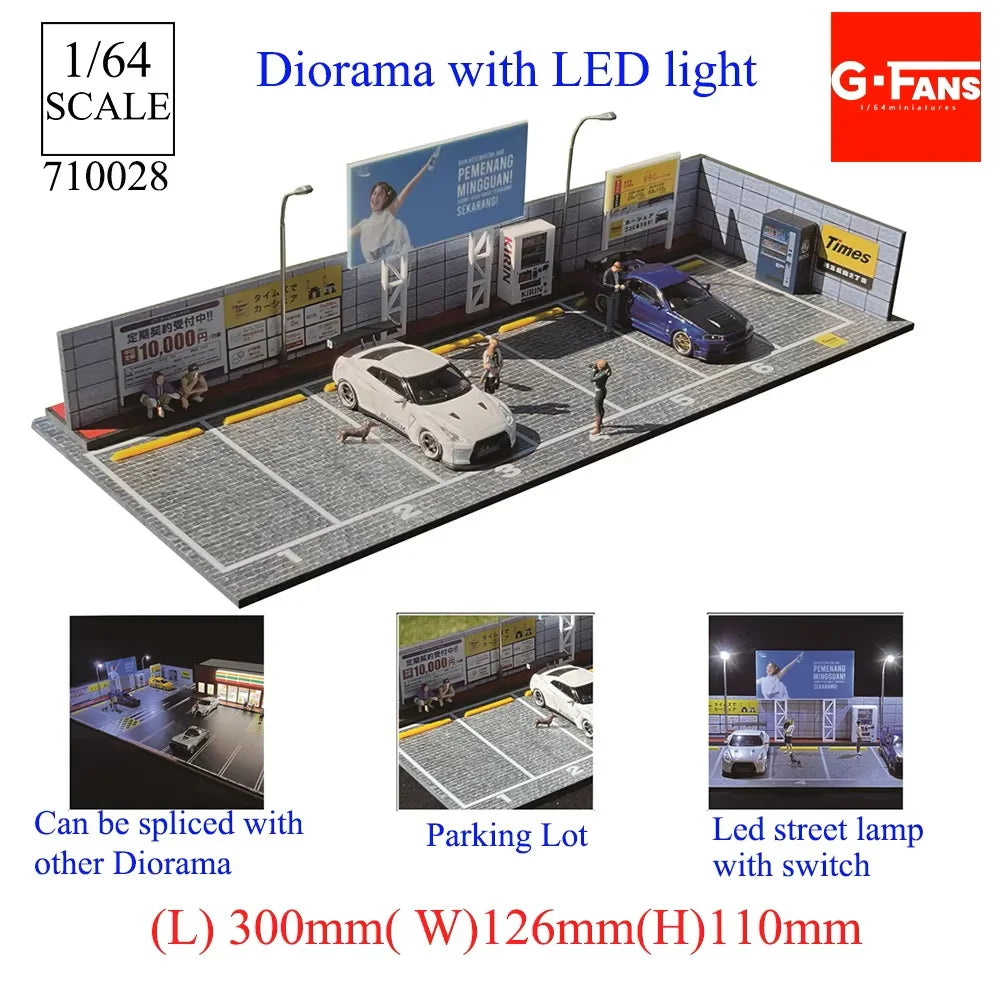 1/64 scale LED diorama featuring a miniature car in a garage setting with a parking lot and street lamp.