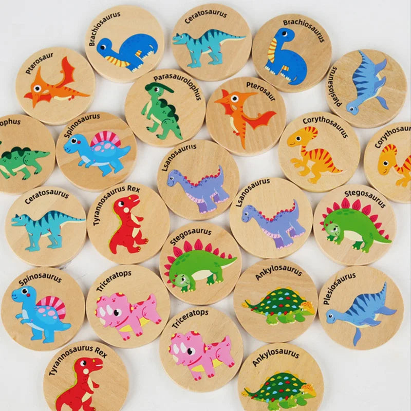A collection of wooden dinosaur and traffic themed memory matching game pieces.