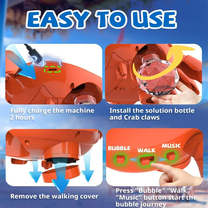 Machine à bulles de crabes orange automatique avec instructions pour charger, installer les flacons de solution et les pinces