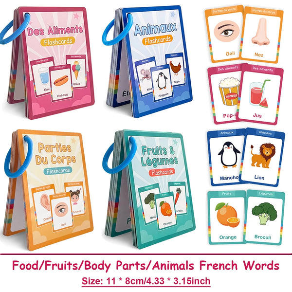 Set of colorful flashcards featuring French words for food fruits body parts and animals