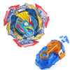 A metal spinning top battle set featuring a blue and gold design with a string launcher component.