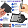 A black tray with a stopper and slide lid is shown alongside a precision tool kit for diamond painting.