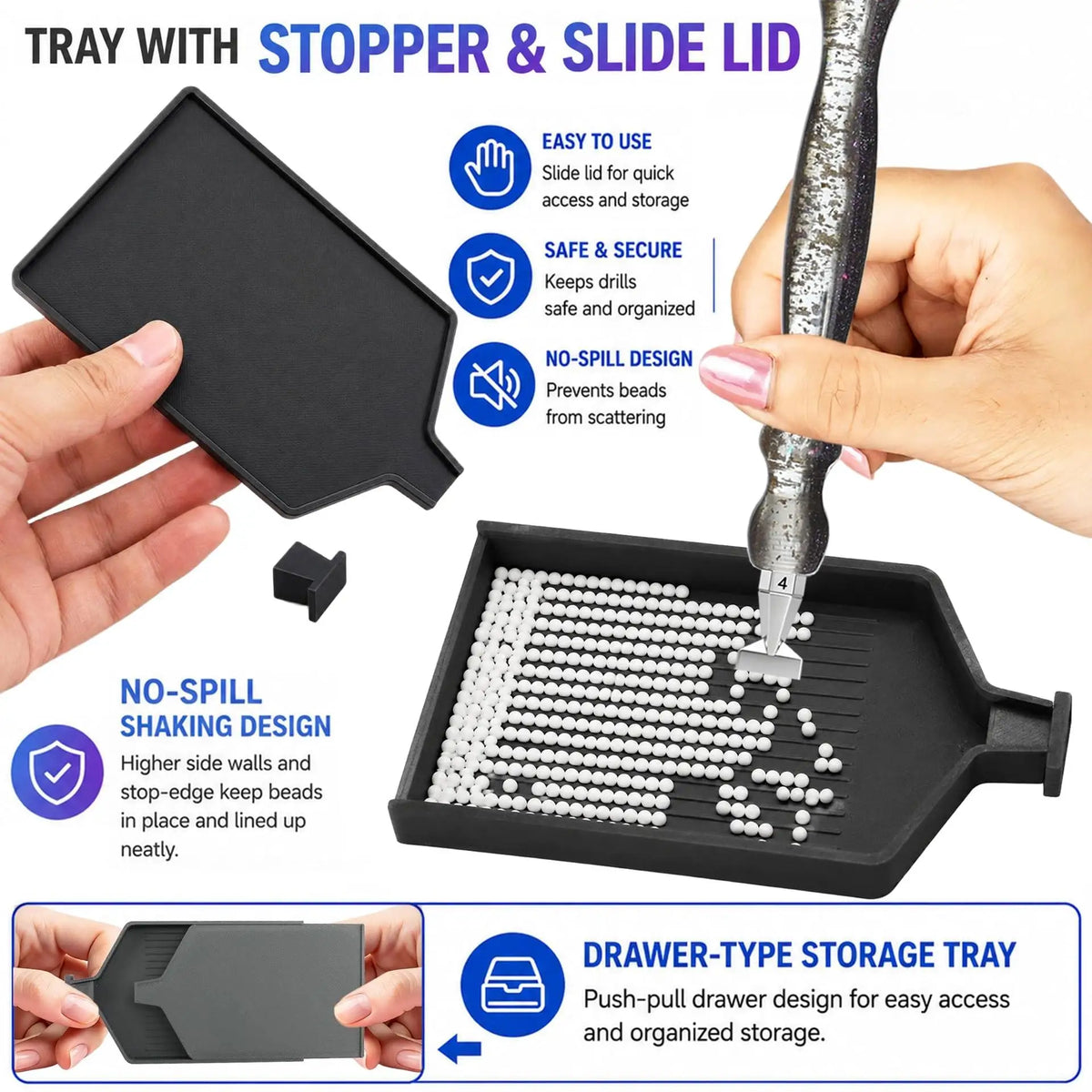 A black tray with a stopper and slide lid is shown alongside a precision tool kit for diamond painting.