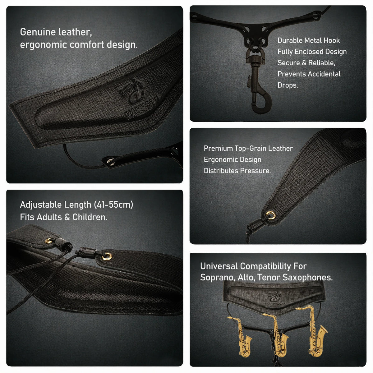 A black leather saxophone neck strap designed for comfort and durability, shown in various views.