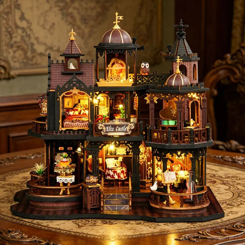 A detailed wooden miniature castle dollhouse kit featuring architecture, furniture, and illuminated elements.