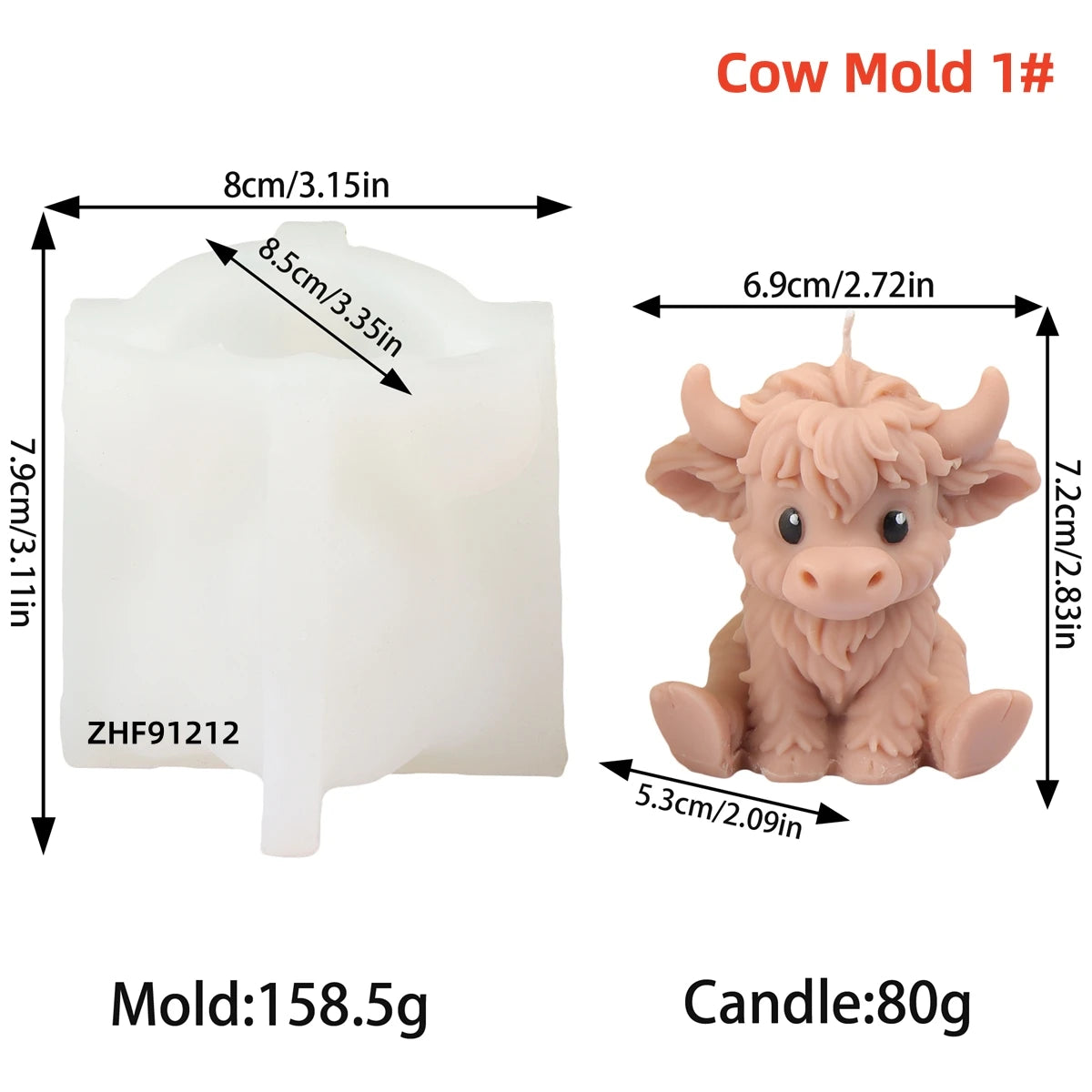 A white silicone mold for a cow-shaped candle, shown next to the finished pink cow candle.