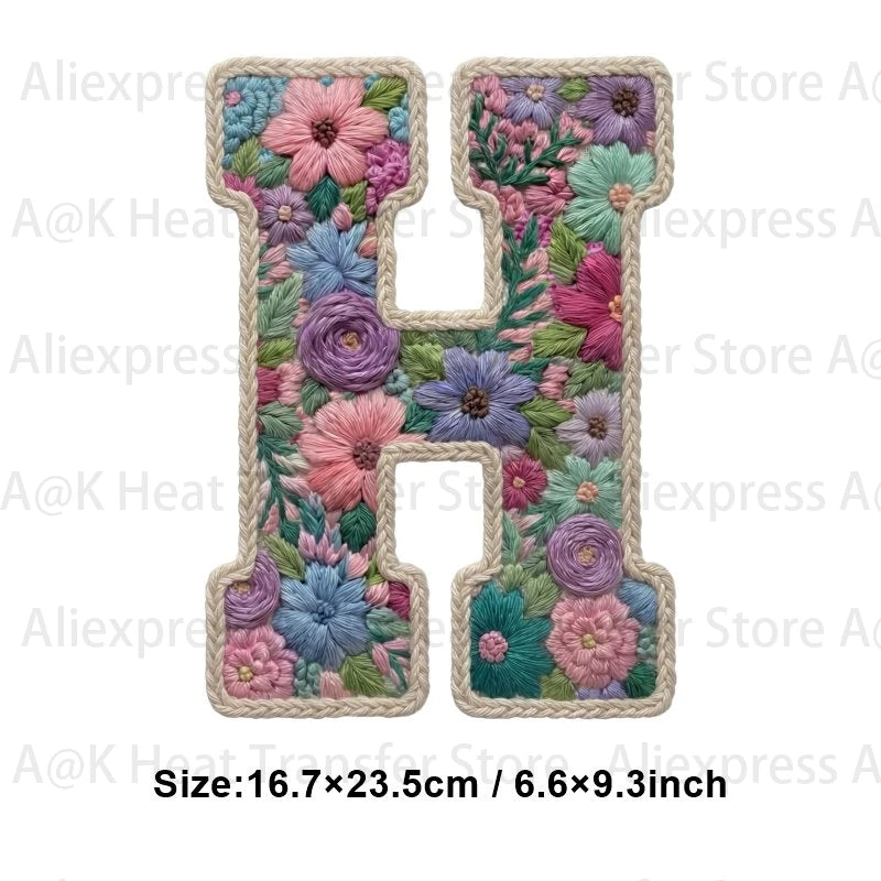 Floral letter H patch made of embroidery for DIY clothing and accessories