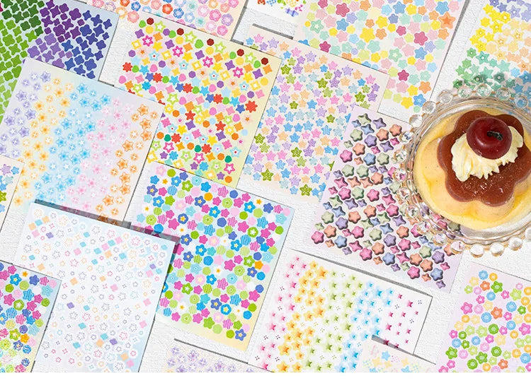 A collection of colorful mini deco cut film stickers in various patterns and colors arranged on white paper.