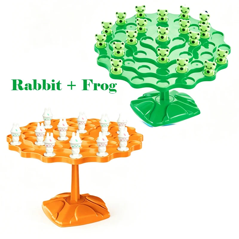 A green frog balance tree math game with small frog figures on the branches and an orange base.